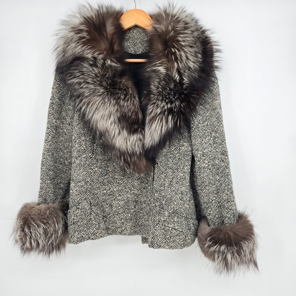 Womens 60s-70s Vintage S-M Tweed Wool Coat Fox Fur Trim Collar Cuffs Black White